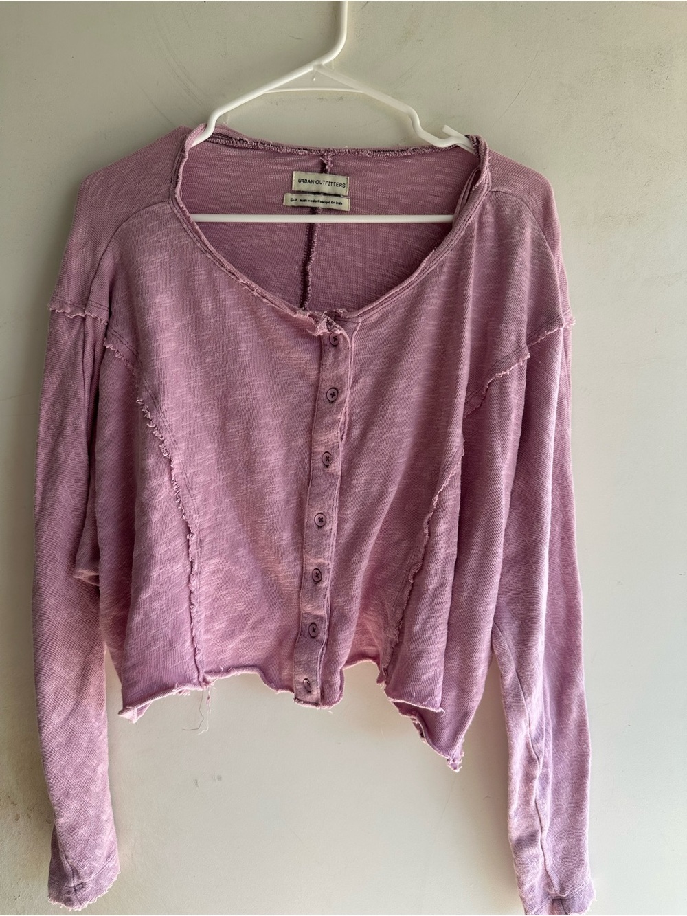 Urban Outfitters Mauve Button-Front Raw-Edge Long Sleeve Top